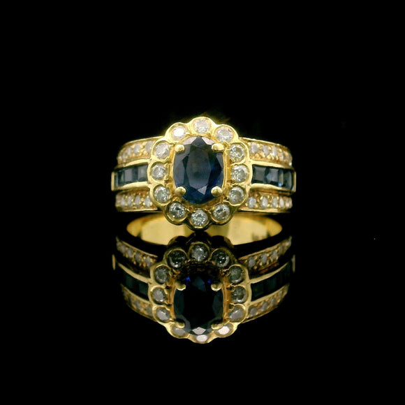 18k Yellow Gold Blue Sapphire and Diamond Ladies Ring Size 5.25