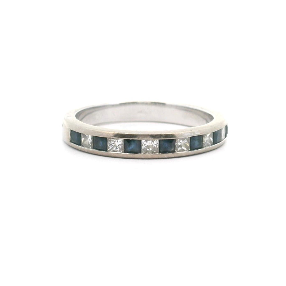 14k White Gold Blue Sapphire and Diamond 3mm Band Ring Size 7.25