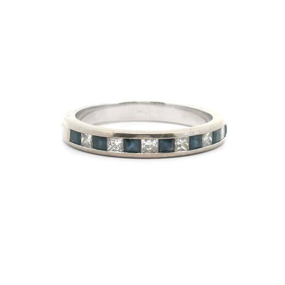 14k White Gold Blue Sapphire and Diamond 3mm Band Ring Size 7.25