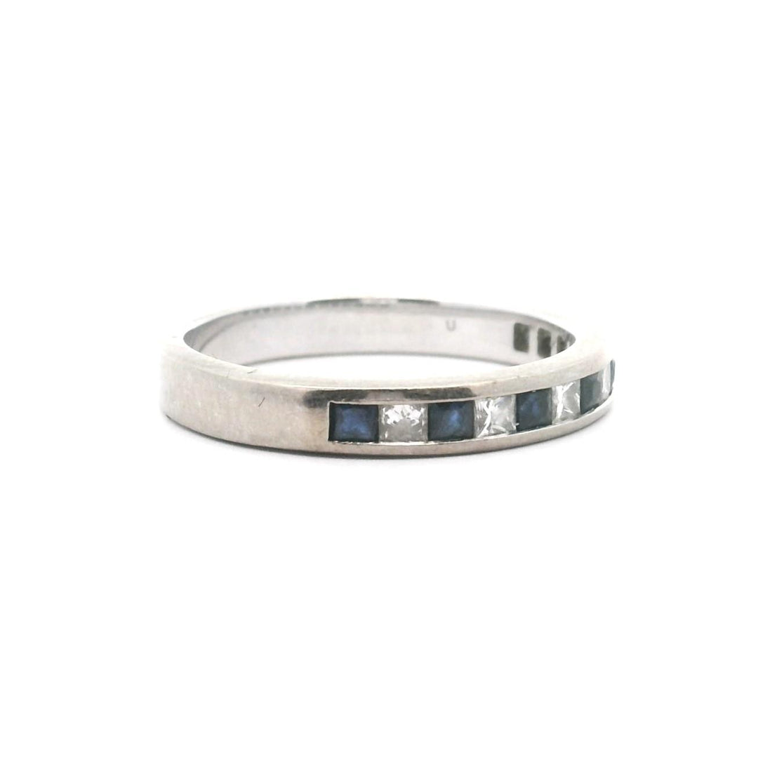 14k White Gold Blue Sapphire and Diamond 3mm Band Ring Size 7.25