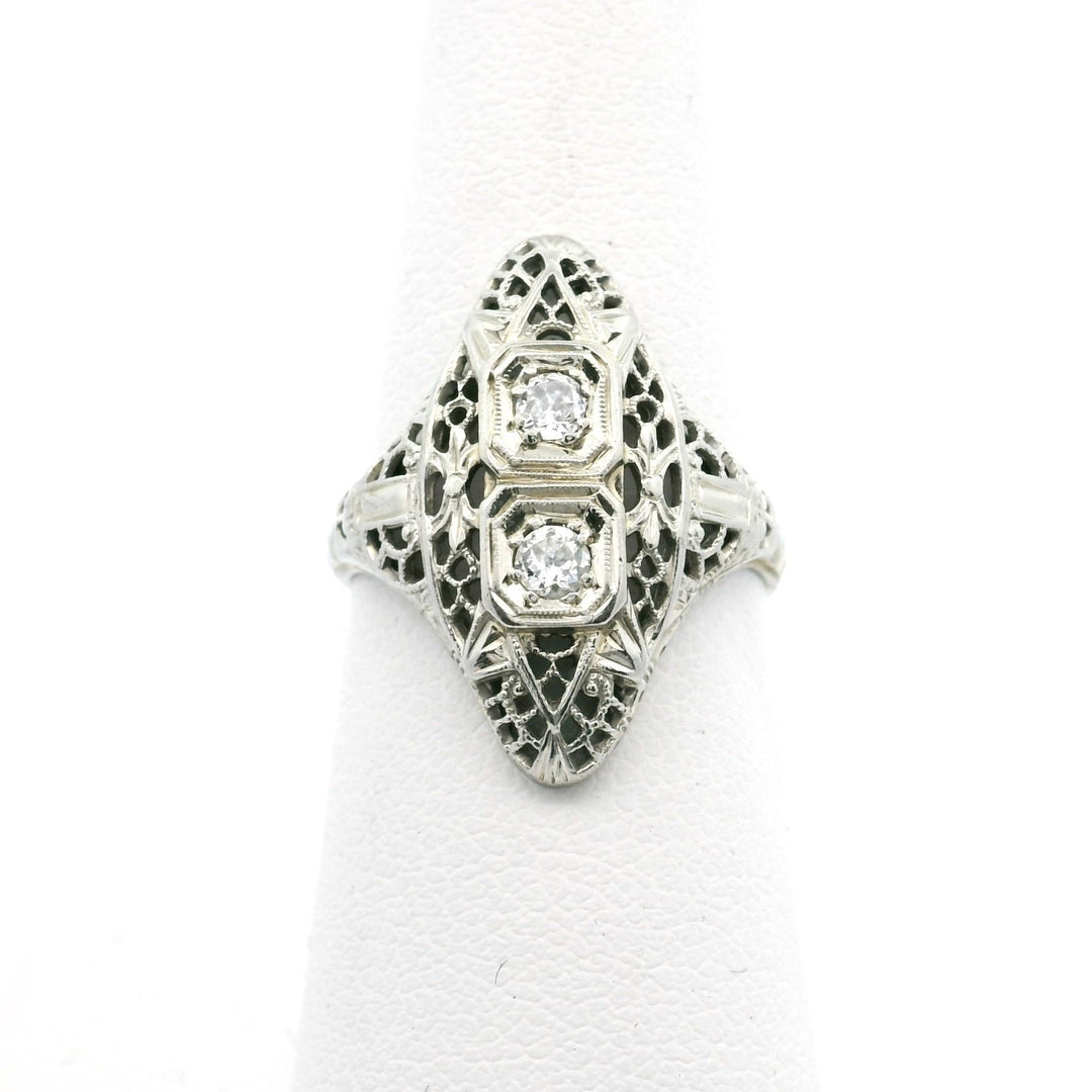 18k White Gold and Diamond Ladies Vintage Filigree Ring Size 5.75