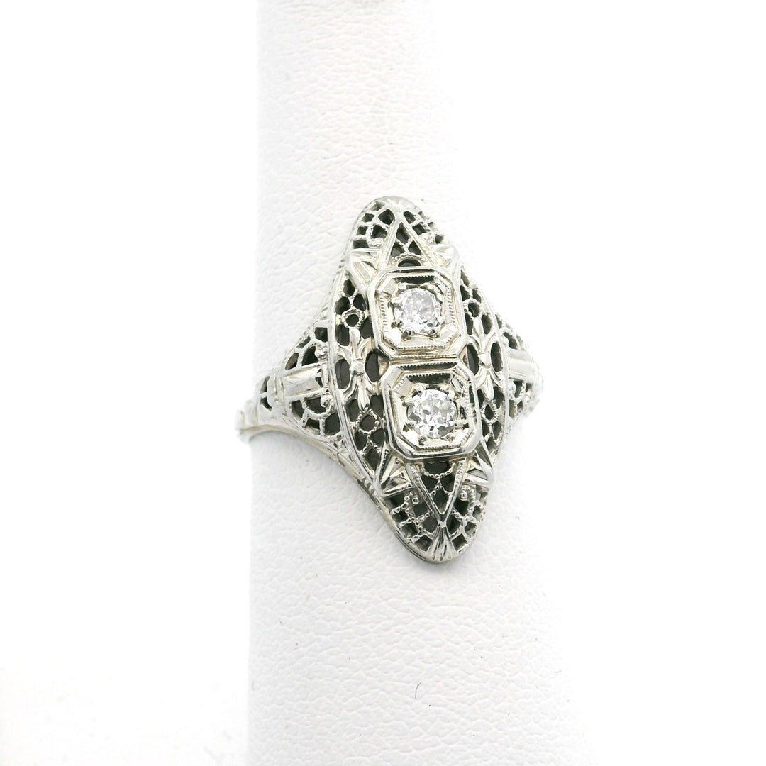 18k White Gold and Diamond Ladies Vintage Filigree Ring Size 5.75