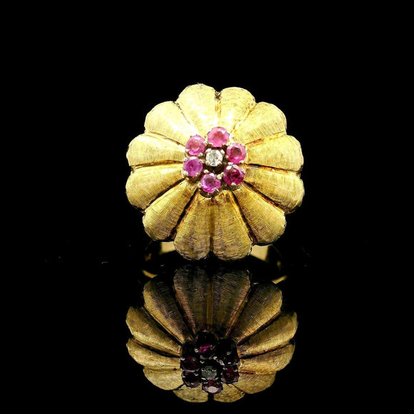 18k Yellow Gold Pink Sapphire and Diamond Vintage Floral Ring Size 6.5