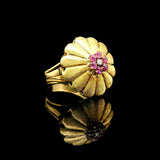18k Yellow Gold Pink Sapphire and Diamond Vintage Floral Ring Size 6.5