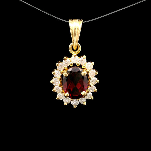 18k Yellow Gold Red Garnet and 0.50cttw Diamond Halo Pendant
