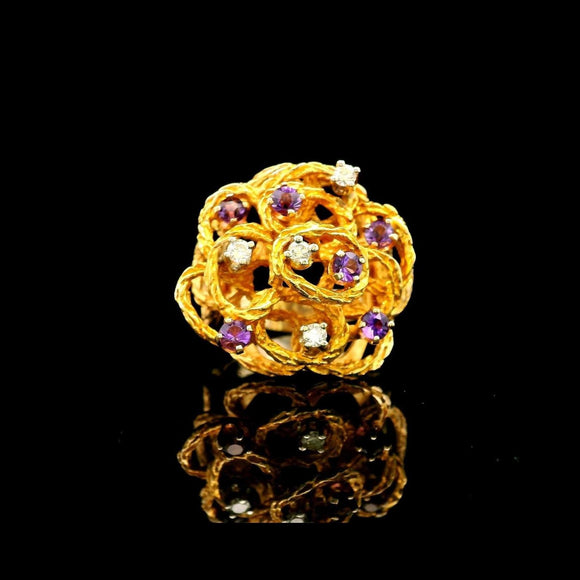 14k Yellow Gold Amethyst and Diamond 8.6g Woven Ladies Ring Size 6