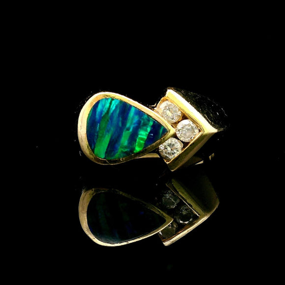 14k Yellow Gold Opal and Diamond 7.2g Abstract Ring Size 6