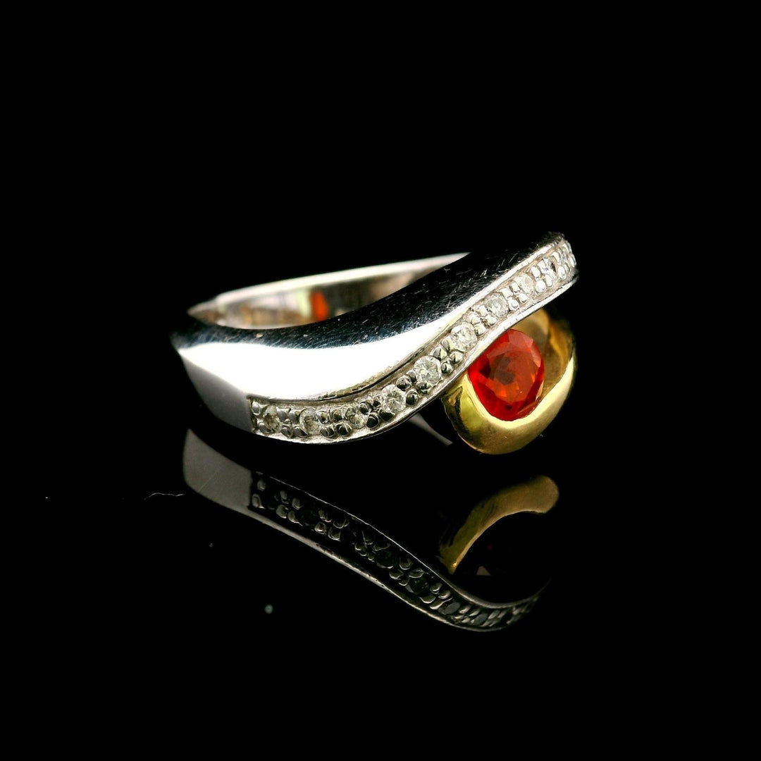 18k Two Tone Gold Spessartite Garnet and Diamond Ring Size 9