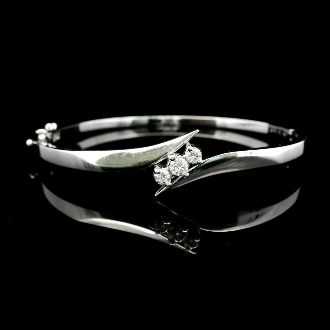 14k White Gold and Diamond 14.6g Solid Bypass Bangle Bracelet 7"