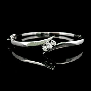 14k White Gold and Diamond 14.6g Solid Bypass Bangle Bracelet 7"