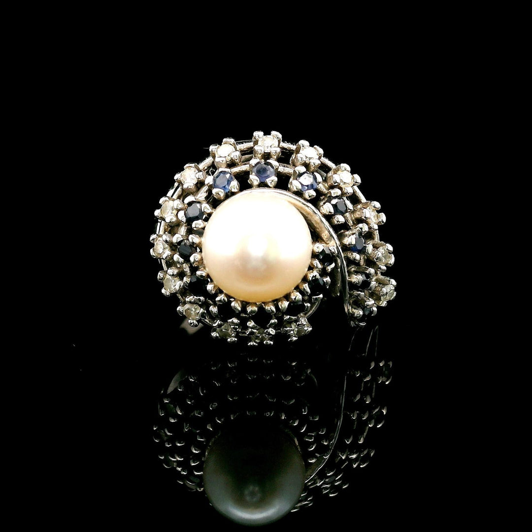 14k White Gold Pearl Blue Sapphire and Diamond Swirl Ring Size 5.5