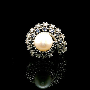 14k White Gold Pearl Blue Sapphire and Diamond Swirl Ring Size 5.5