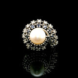 14k White Gold Pearl Blue Sapphire and Diamond Swirl Ring Size 5.5