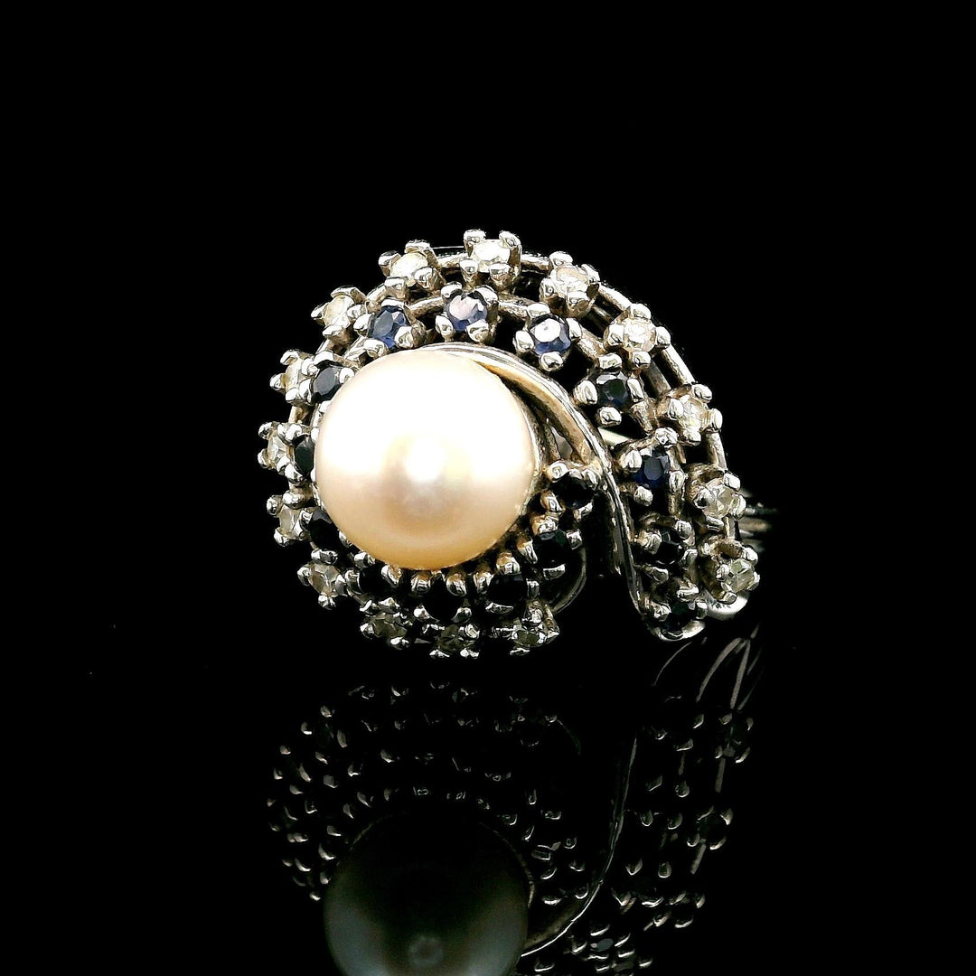 14k White Gold Pearl Blue Sapphire and Diamond Swirl Ring Size 5.5