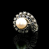 14k White Gold Pearl Blue Sapphire and Diamond Swirl Ring Size 5.5