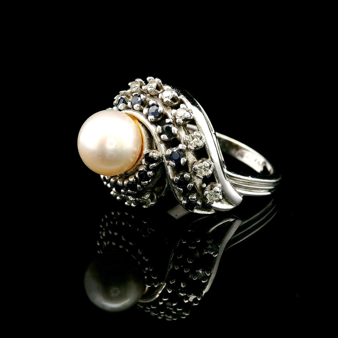 14k White Gold Pearl Blue Sapphire and Diamond Swirl Ring Size 5.5