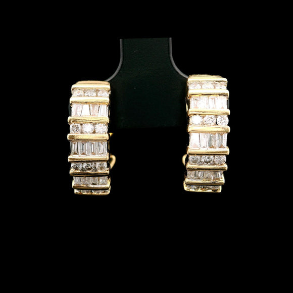14k Yellow Gold and 1cttw Round and Baguette Diamond Huggie Earrings