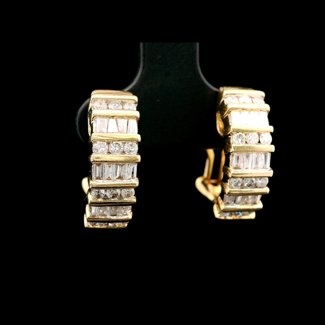 14k Yellow Gold and 1cttw Round and Baguette Diamond Huggie Earrings