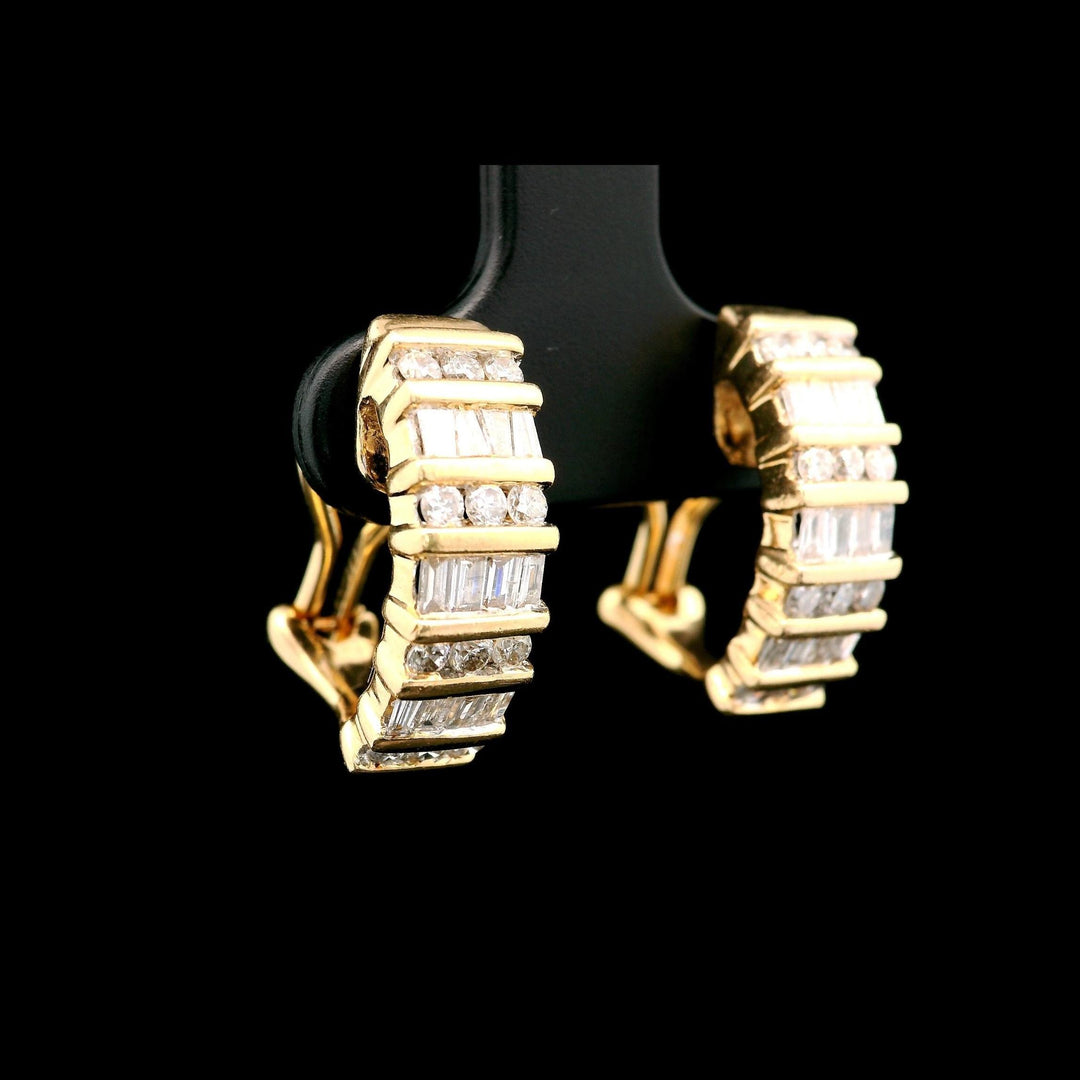 14k Yellow Gold and 1cttw Round and Baguette Diamond Huggie Earrings