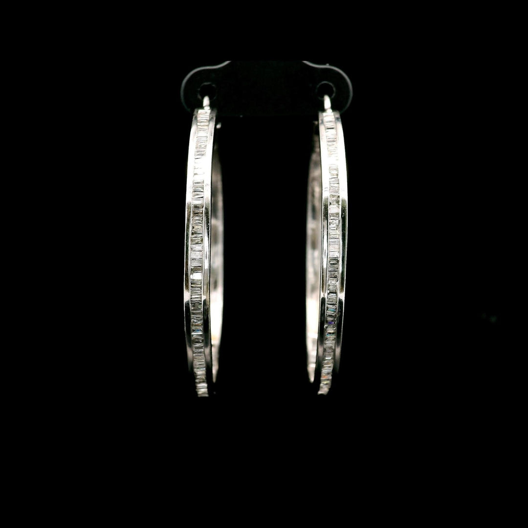 14k White Gold and 1cttw Baguette Diamond Solid Hoop Earrings 1.75"