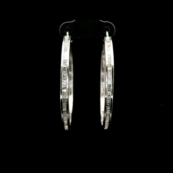 14k White Gold and 1cttw Baguette Diamond Solid Hoop Earrings 1.75