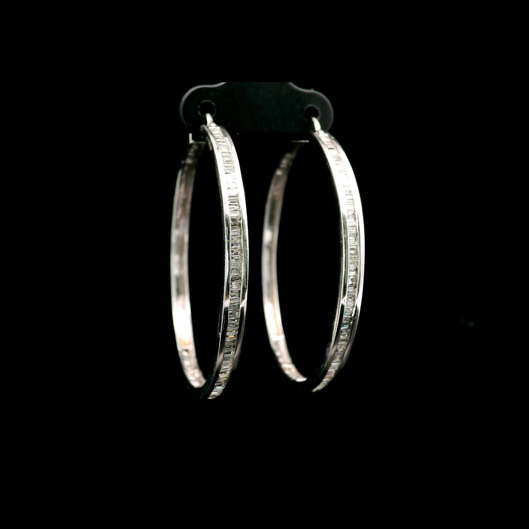 14k White Gold and 1cttw Baguette Diamond Solid Hoop Earrings 1.75"