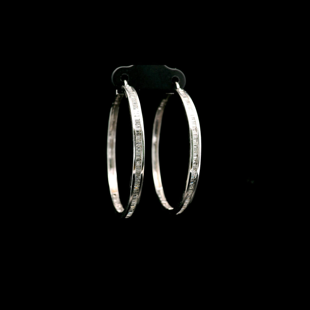 14k White Gold and 1cttw Baguette Diamond Solid Hoop Earrings 1.75"