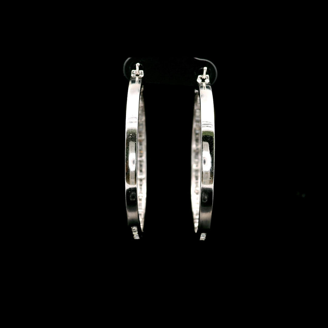 14k White Gold and 1cttw Baguette Diamond Solid Hoop Earrings 1.75"