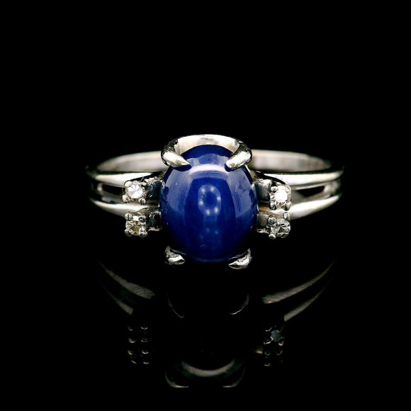 14k White Gold Blue Star Sapphire and Diamond Ring Size 9