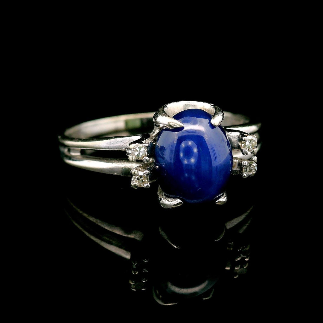 14k White Gold Blue Star Sapphire and Diamond Ring Size 9