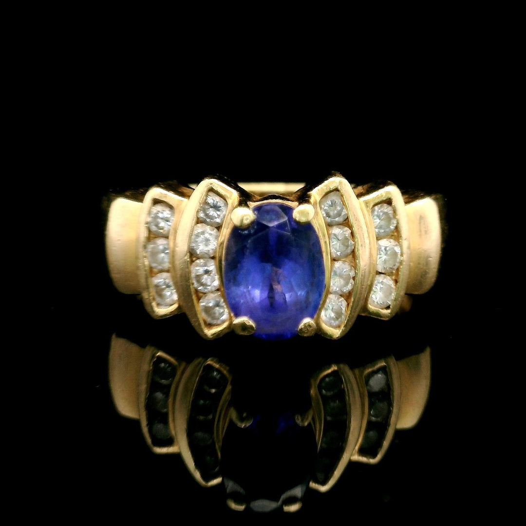 14k Yellow Gold Tanzanite and Diamond Ladies Ring Size 7