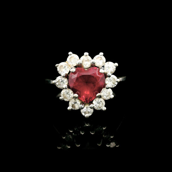 14k White Gold Heart Cut Ruby and 0.50cttw Diamond Halo Ring Size 6.25