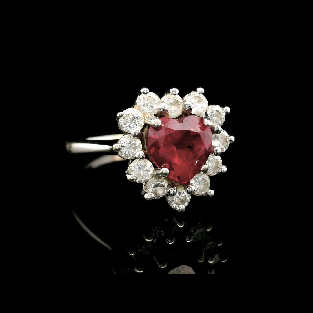 14k White Gold Heart Cut Ruby and 0.50cttw Diamond Halo Ring Size 6.25