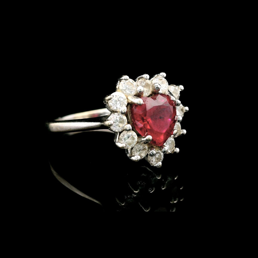 14k White Gold Heart Cut Ruby and 0.50cttw Diamond Halo Ring Size 6.25