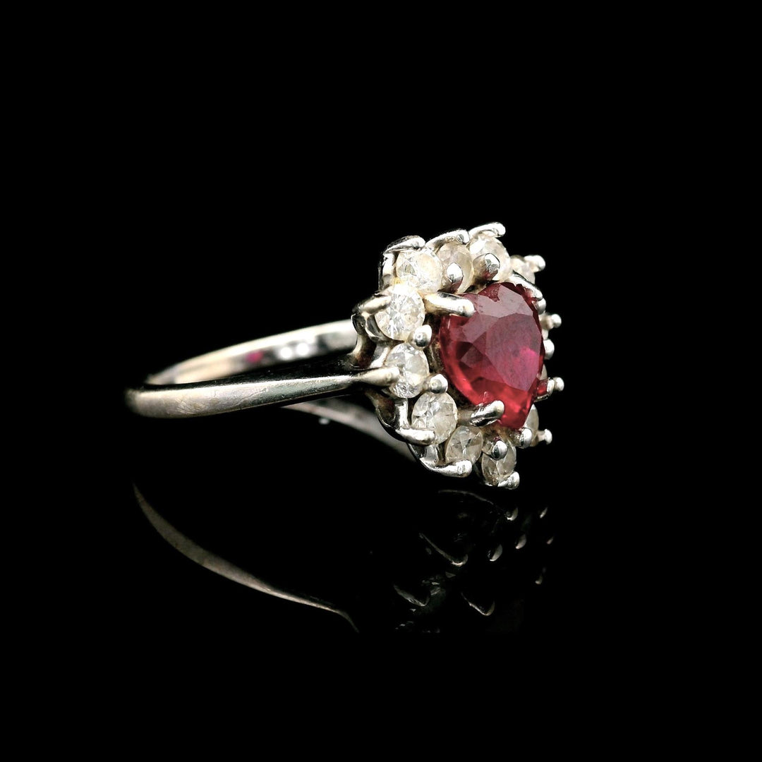 14k White Gold Heart Cut Ruby and 0.50cttw Diamond Halo Ring Size 6.25