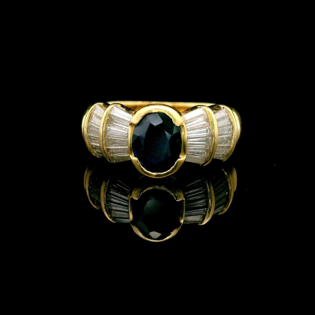 18k Yellow Gold Blue Sapphire and Baguette Diamond Vintage Ring Size 8.5