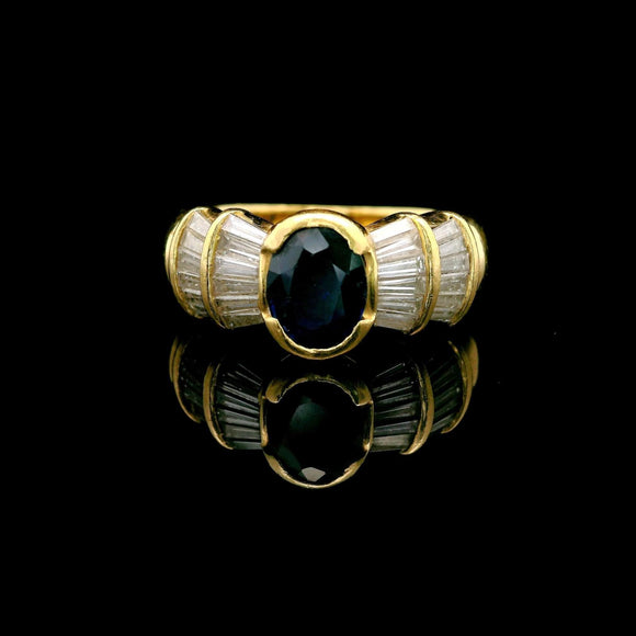 18k Yellow Gold Blue Sapphire and Baguette Diamond Vintage Ring Size 8.5