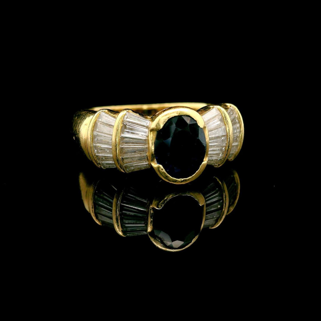 18k Yellow Gold Blue Sapphire and Baguette Diamond Vintage Ring Size 8.5