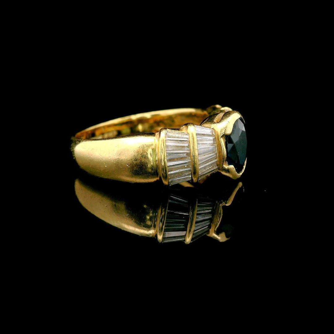 18k Yellow Gold Blue Sapphire and Baguette Diamond Vintage Ring Size 8.5