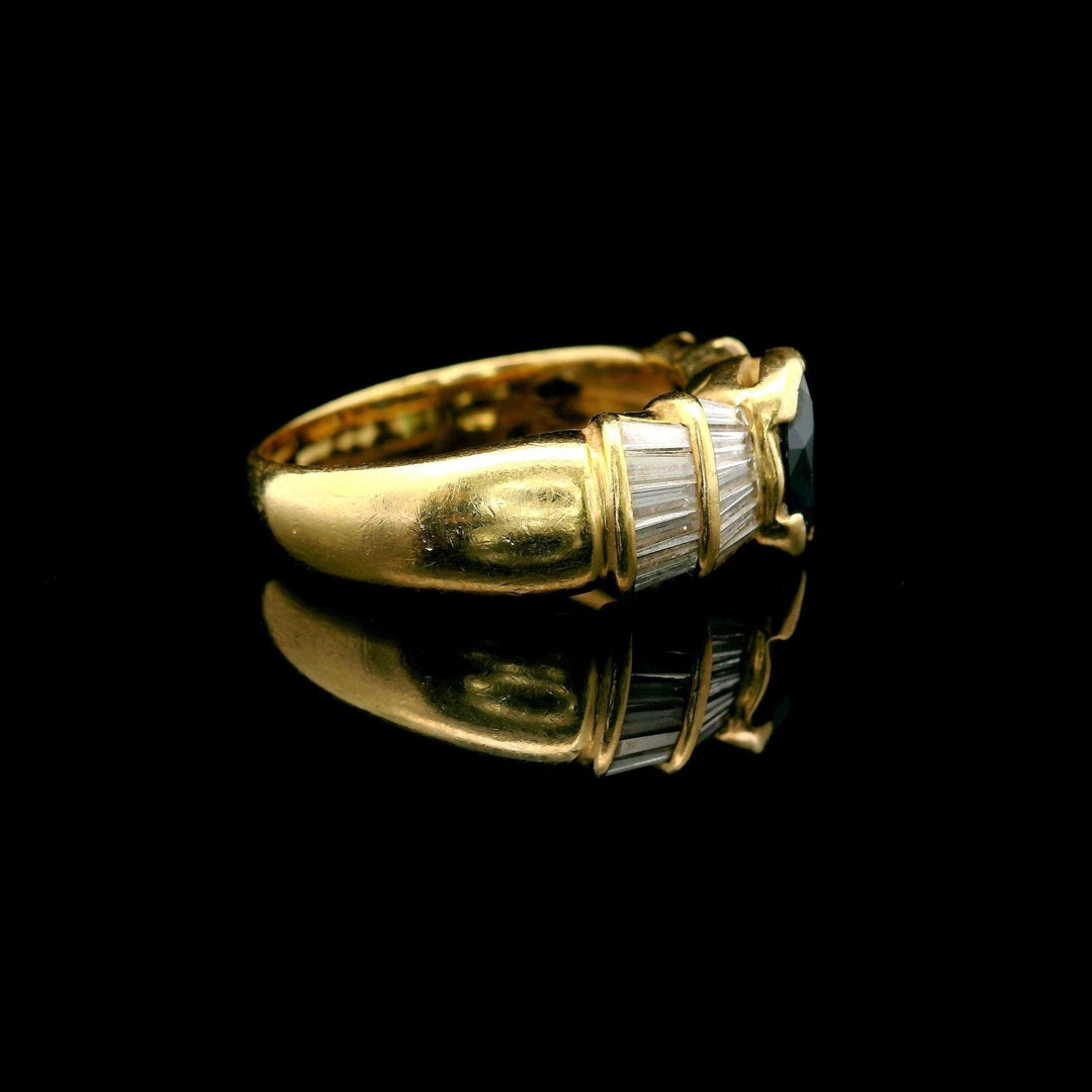 18k Yellow Gold Blue Sapphire and Baguette Diamond Vintage Ring Size 8.5