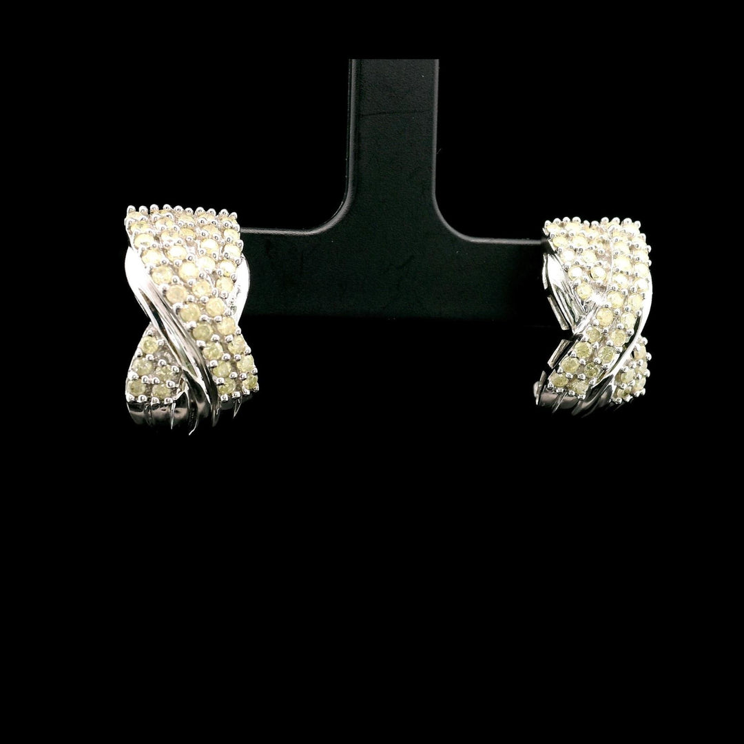 14k White Gold and 1cttw Yellow Diamond Ribbon Huggie Earrings