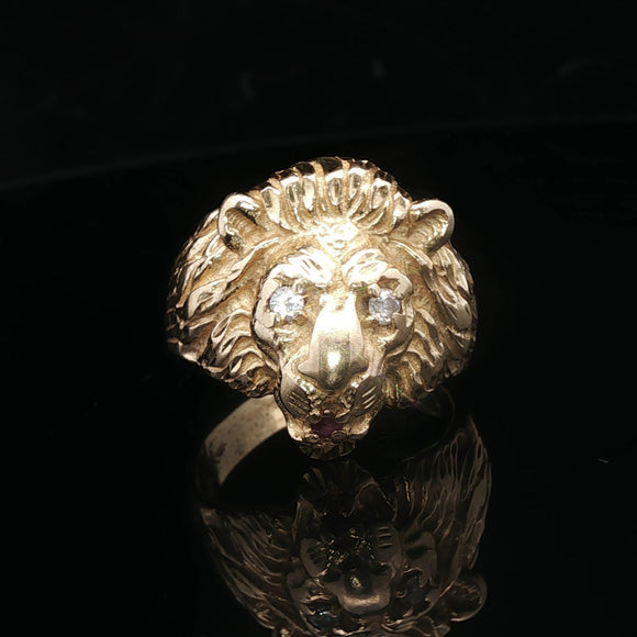 14k Yellow Gold Diamond and Ruby 11.7g Heavy Lion's Head Ring Size 8