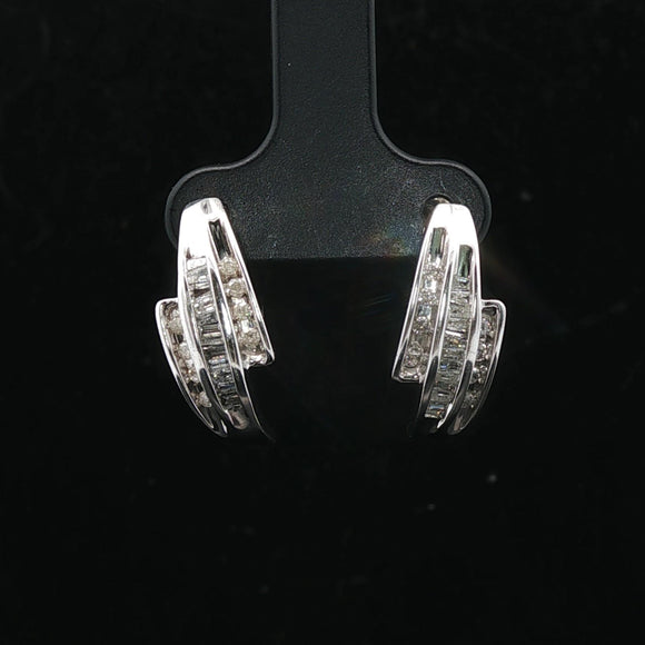 14k White Gold 0.50cttw Round and Baguette Cut Diamond Earrings