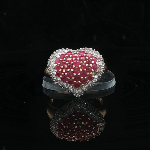 14k Yellow Gold Ruby and Diamond Vintage Heart Ring Size 7