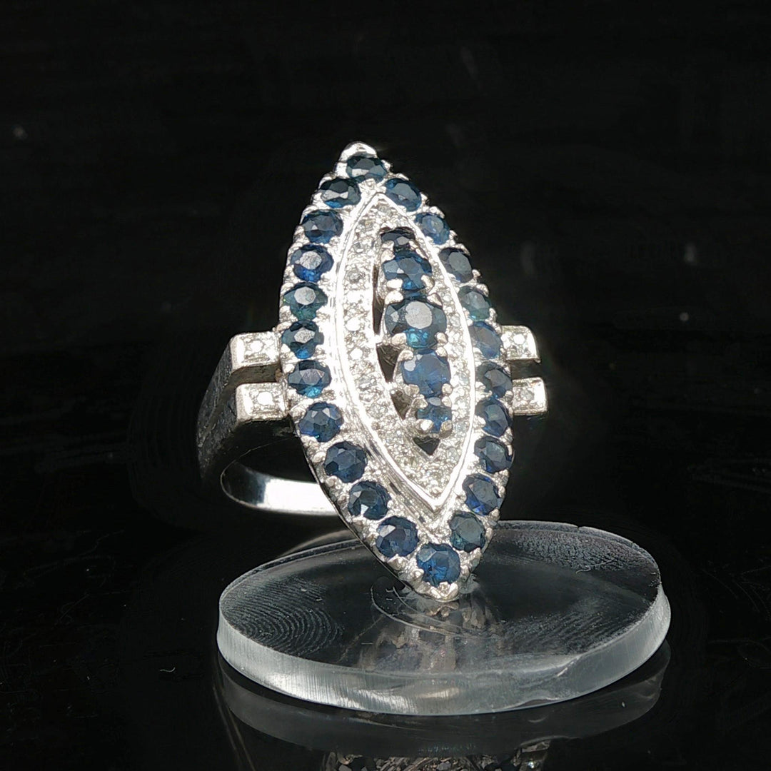 14k White Gold Blue Sapphire and Diamond Large Vintage Ring Size 7
