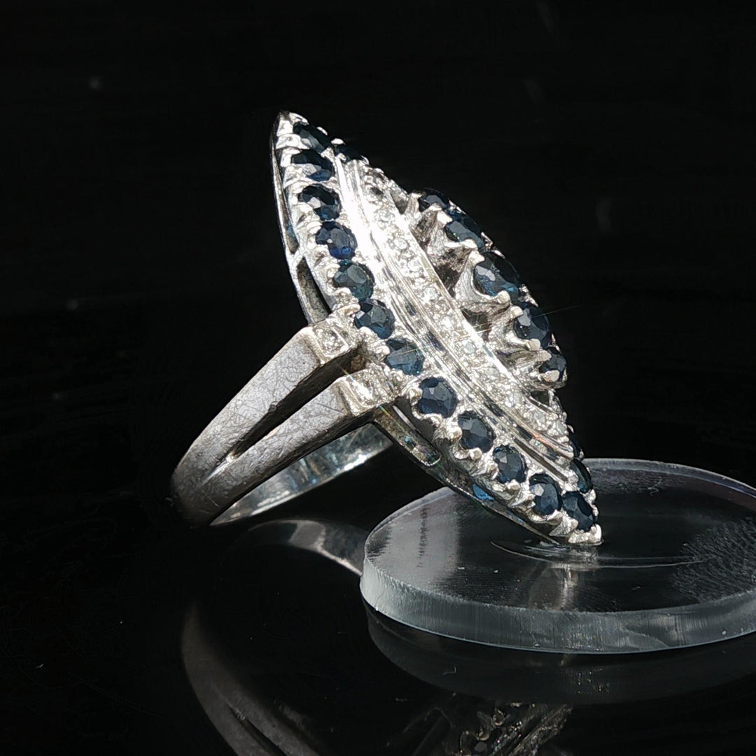 14k White Gold Blue Sapphire and Diamond Large Vintage Ring Size 7