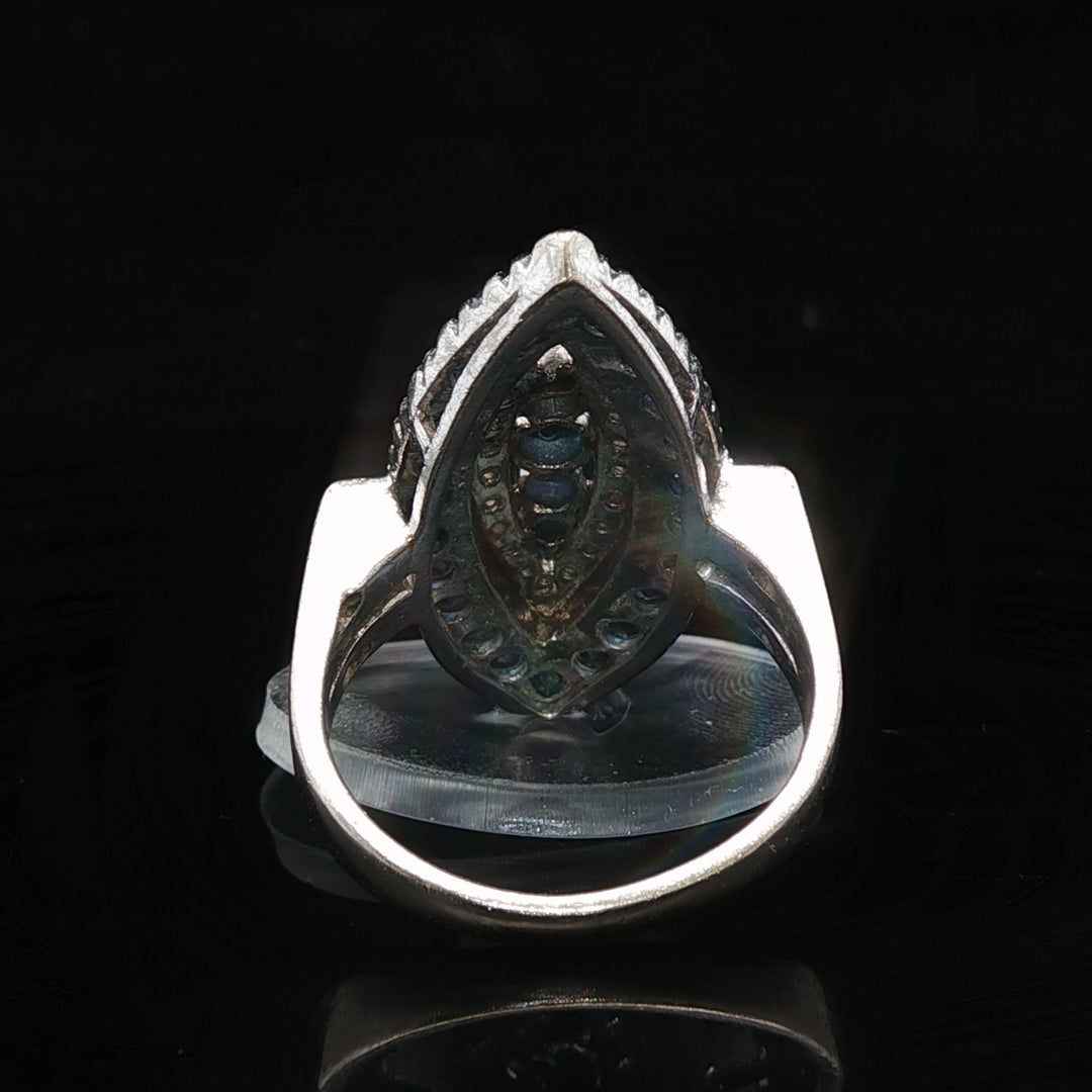 14k White Gold Blue Sapphire and Diamond Large Vintage Ring Size 7