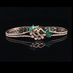 14k Yellow Gold Emerald and Diamond Vintage Ladies Bracelet Italy 7"