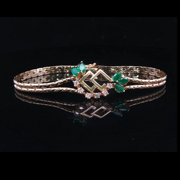 14k Yellow Gold Emerald and Diamond Vintage Ladies Bracelet Italy 7