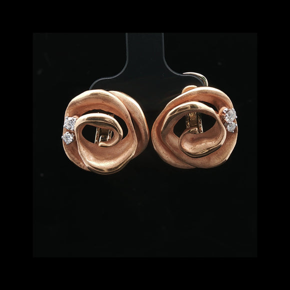 18k Rose Gold and Diamond 14.4g Heavy Vintage Floral Stud Earrings Italy